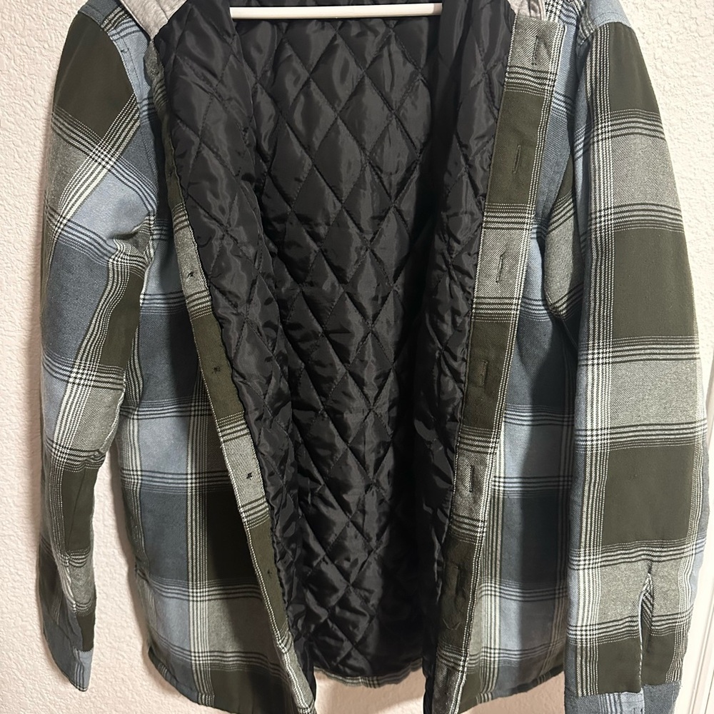 Wrangler Jacket Men’s Large Green Blue Plaid, Hooded,‎ Flannel, Shirt Shacket